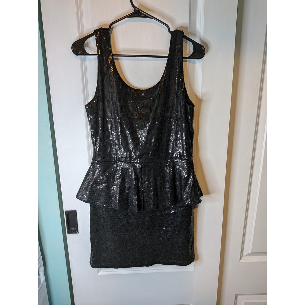 Auditions Fashion Black Sequin Peplum Mini Dress Sleeveless Scoop Neck Large